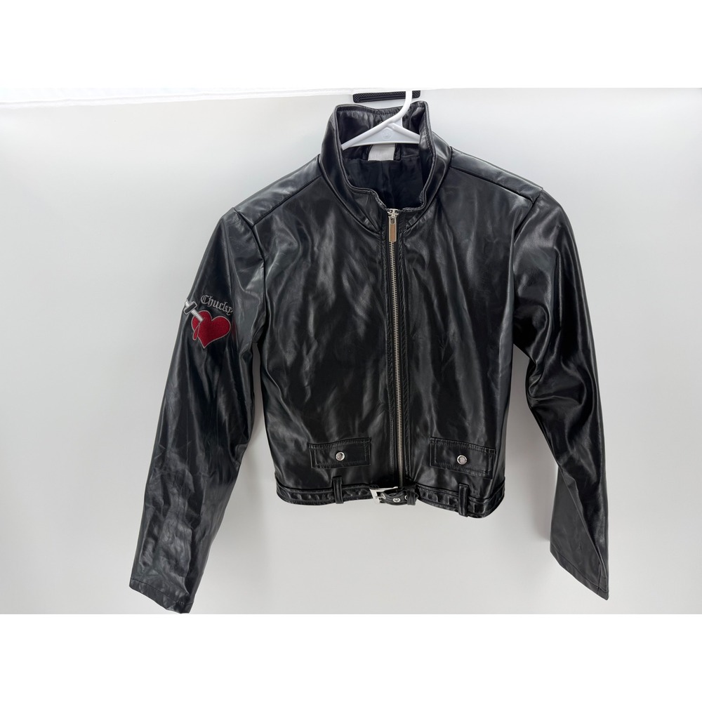 Chucky Moto Jacket Kids XL Black Excellent Faux Leather Heart - Buckle & Zipper